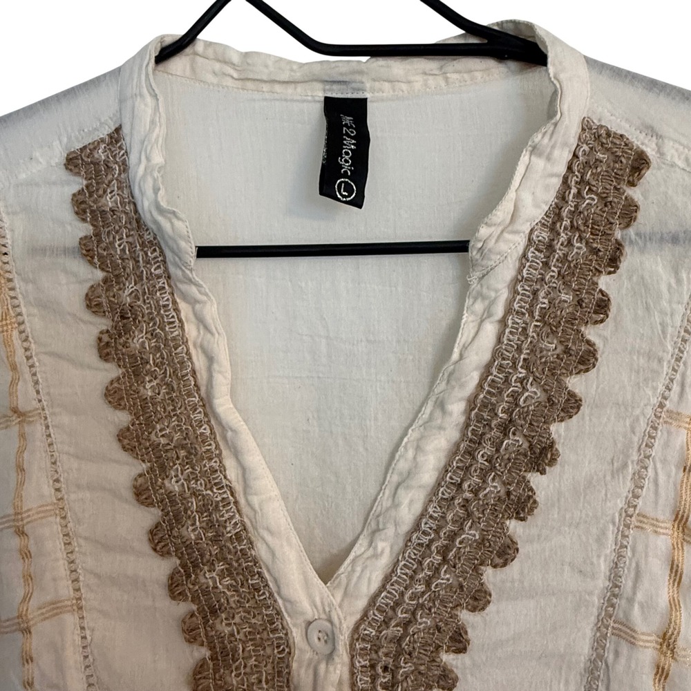 Me 2 Magic Womens Cream Eyelet Lace Boho Tunic Top Gold Grid Bell Sleeve Large - Picture 2 of 5